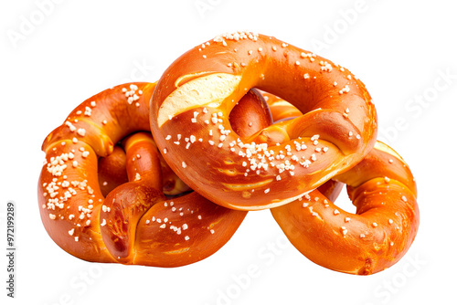 Freshly baked pretzels topped with salt isolated on white transparent background, showcasing golden-brown crust. Concept of baked goods and snacks