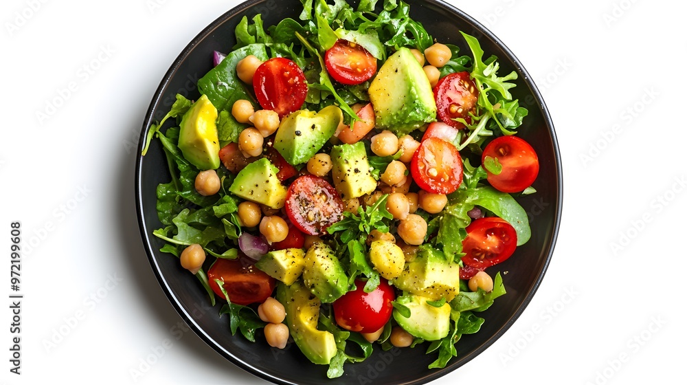 Vibrant and fresh chickpea and avocado salad with cherry tomatoes and arugula Vibrant and fresh chickpea and avocado salad with cherry tomatoes and arugula