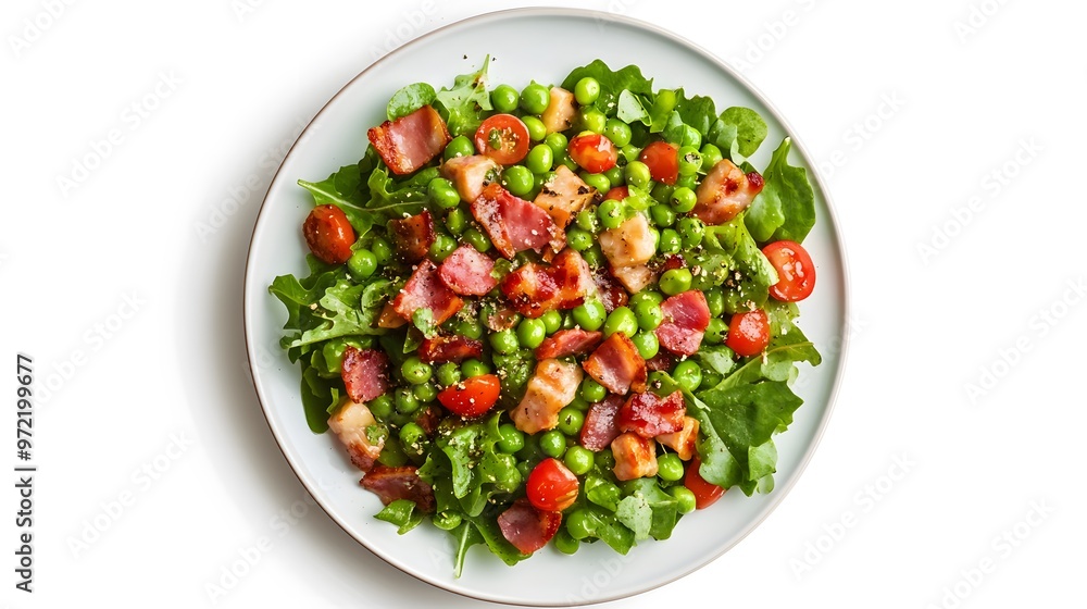 Fresh arugula salad with peas, bacon, and cherry tomatoes on a white plate Fresh arugula salad with peas, bacon, and cherry tomatoes on a white plate