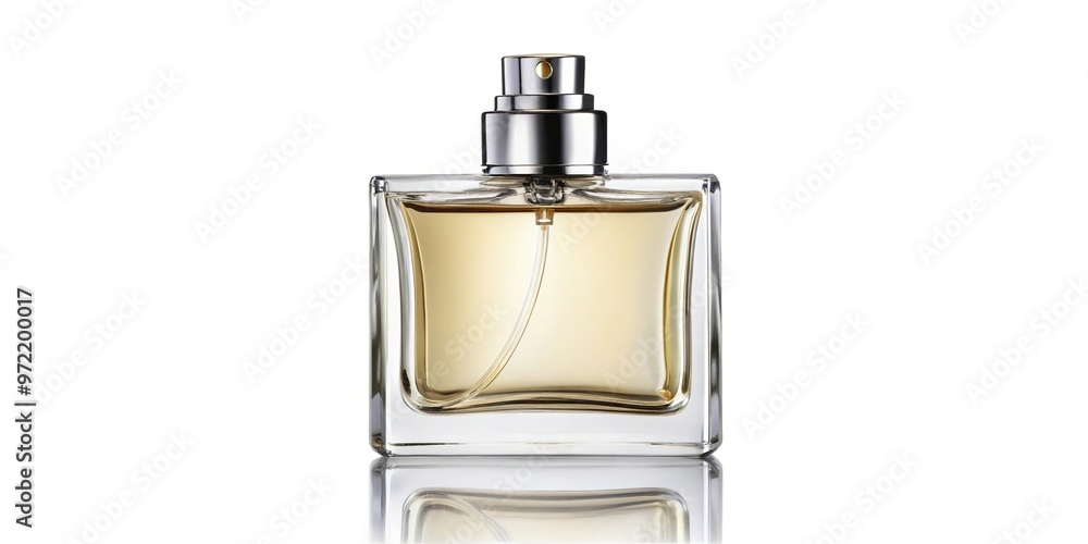 Blank unbranded glass perfume bottle isolated on white background with reflection Low Angle Blank unbranded glass perfume bottle isolated on white background with reflection Low Angle