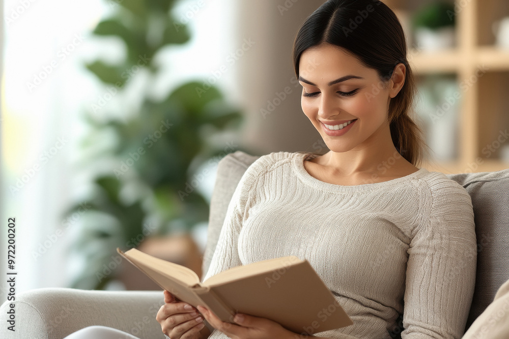 pregnant indian woman sitting on sofa reading book pregnant indian woman sitting on sofa reading book