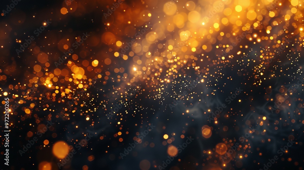 Obraz premium Elegant abstract gold bokeh lights on a dark black background, creating a luxurious and shimmering effect ideal for festive designs, celebratory event visuals, and sophisticated digital art projects.