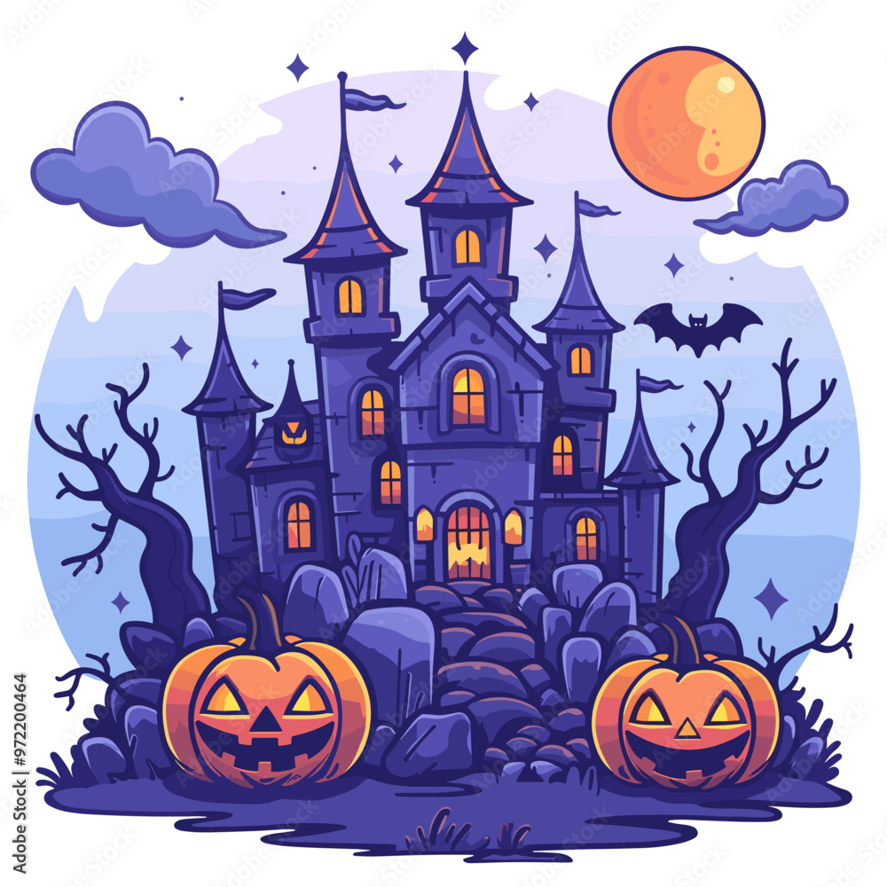 A Halloween scene with smaller pumpkins with a castle in the background A Halloween scene with smaller pumpkins with a castle in the background