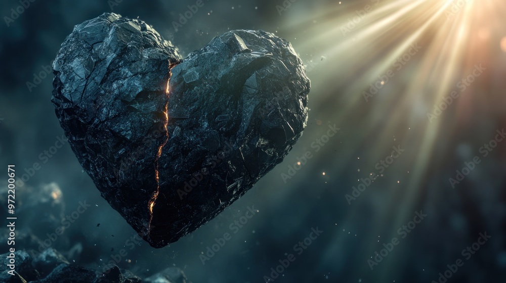 A cracked heart-shaped stone illuminated by light, symbolizing vulnerability and strength. A cracked heart-shaped stone illuminated by light, symbolizing vulnerability and strength.