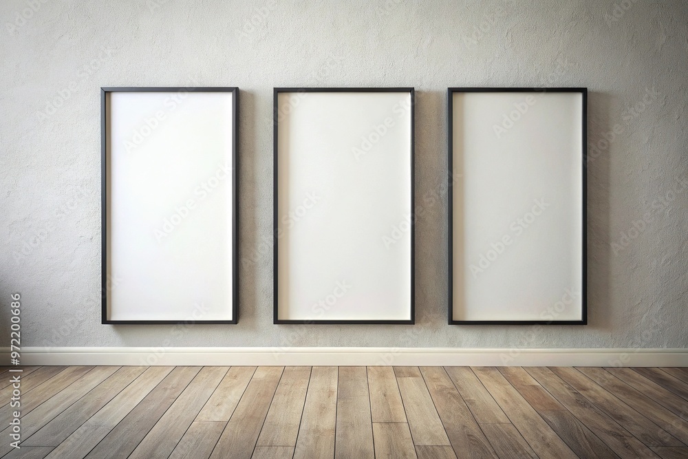 Blank white wall art mockup with three vertical frames, black wooden borders, and depth of field Blank white wall art mockup with three vertical frames, black wooden borders, and depth of field