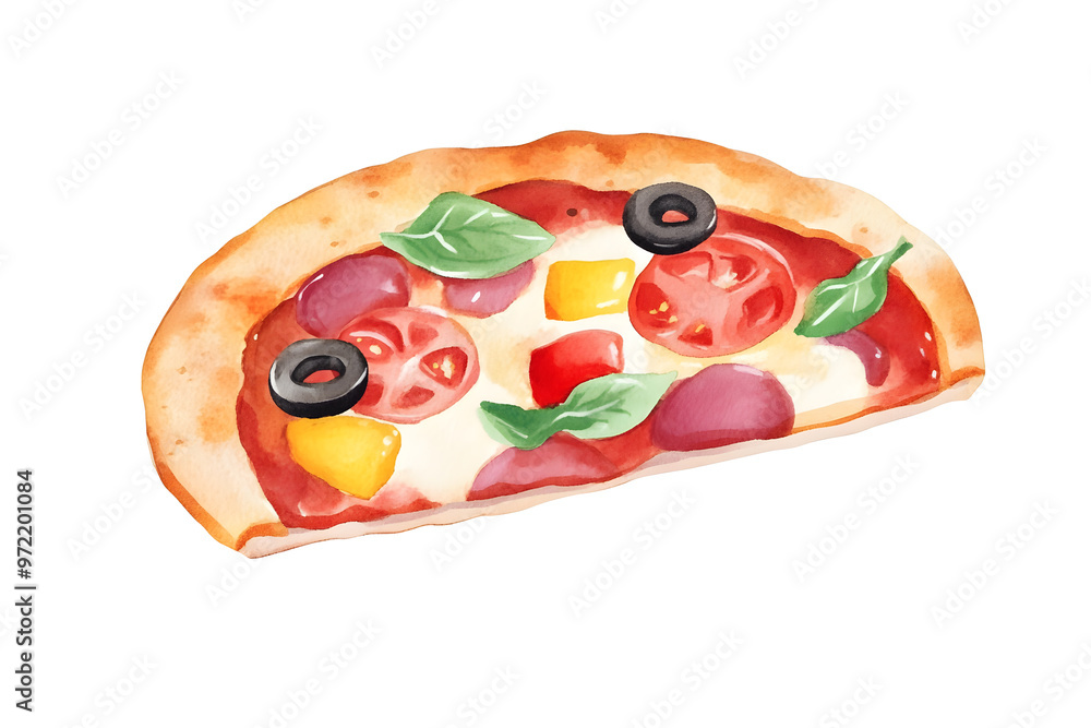 Delicious pizza with tomato, cheese drawn in watercolor isolated on a white background Delicious pizza with tomato, cheese drawn in watercolor isolated on a white background
