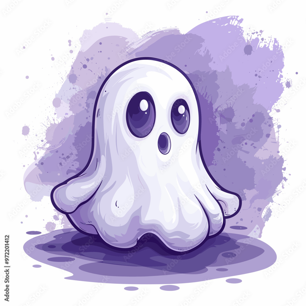 A cartoon ghost with a big smile on its face. The ghost is white and purple. It is standing in a purple background A cartoon ghost with a big smile on its face. The ghost is white and purple. It is standing in a purple background