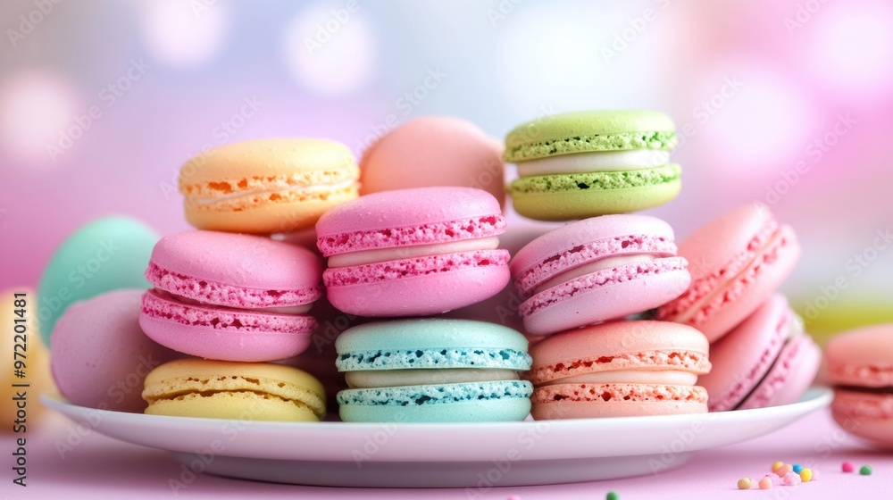 Close-up of colorful macarons stacked on a pastel plate Close-up of colorful macarons stacked on a pastel plate