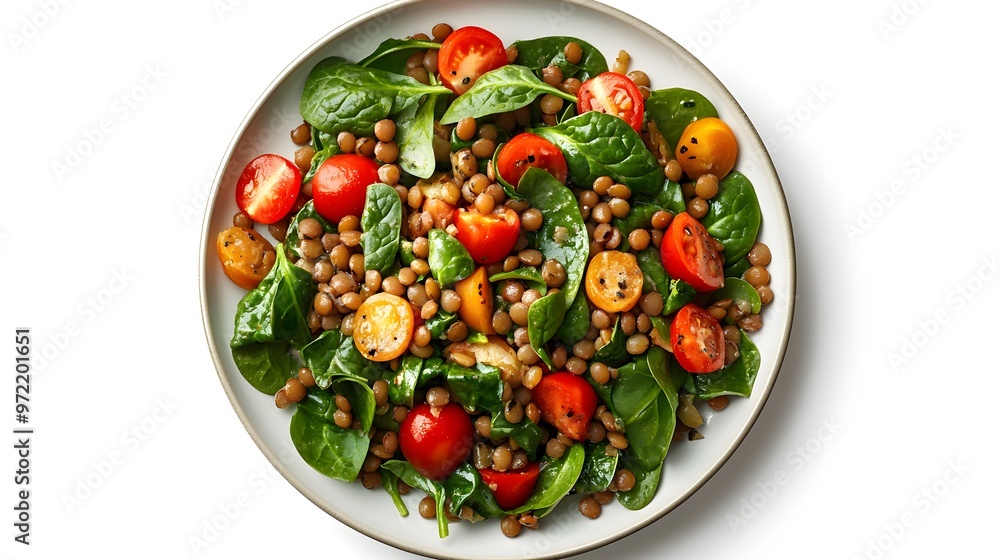 Colorful lentil salad with cherry tomatoes and spinach on a white background Colorful lentil salad with cherry tomatoes and spinach on a white background