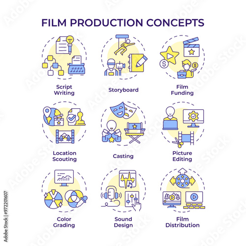 Film production multi color concept icons. Movie script, screenwriting. Funding management, directing. Icon pack. Vector images. Round shape illustrations for infographic, presentation. Abstract idea