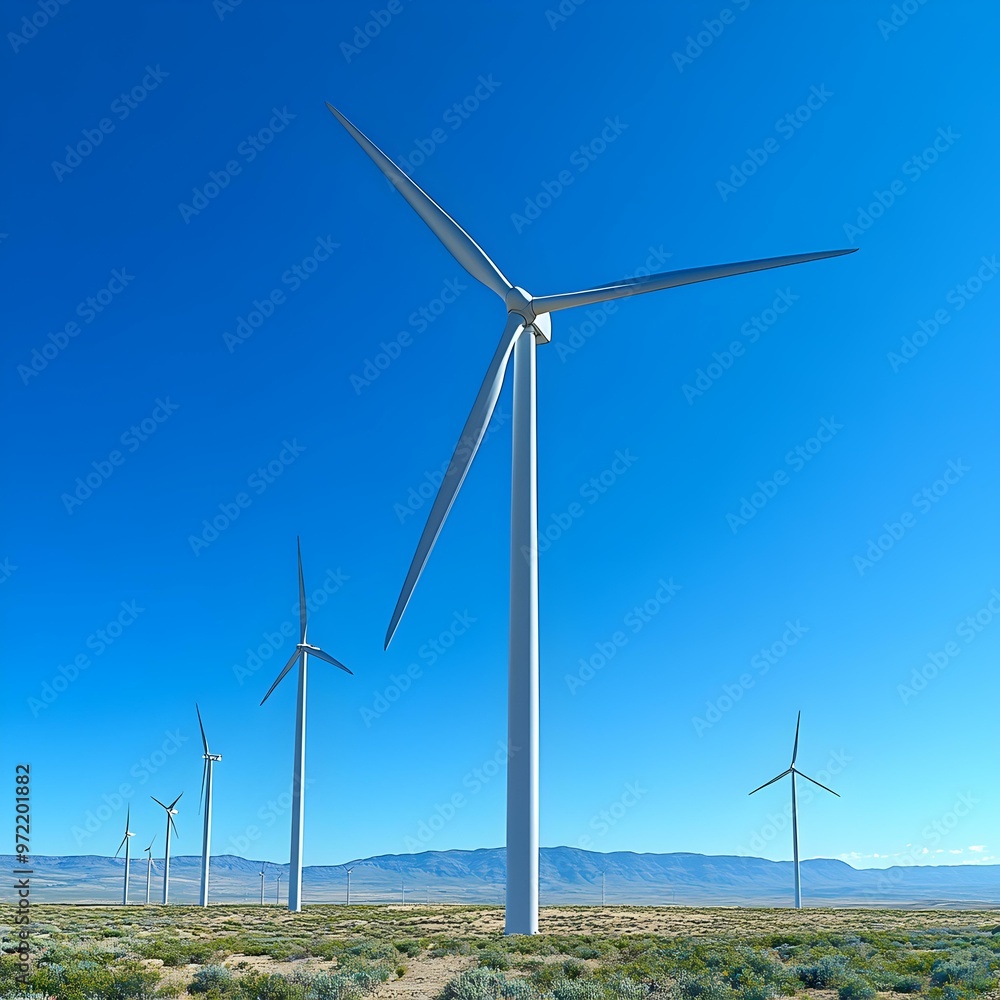 Wind turbines gracefully rotating against a vibrant blue sky, symbolizing renewable energy and sustainability in a serene landscape. Wind turbines gracefully rotating against a vibrant blue sky, symbolizing renewable energy and sustainability in a serene landscape.
