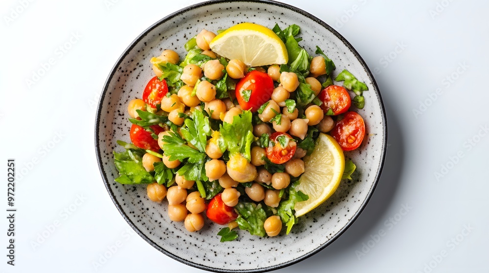 Fresh chickpea salad with tomatoes, lemon, and parsley on a stoneware plate Fresh chickpea salad with tomatoes, lemon, and parsley on a stoneware plate