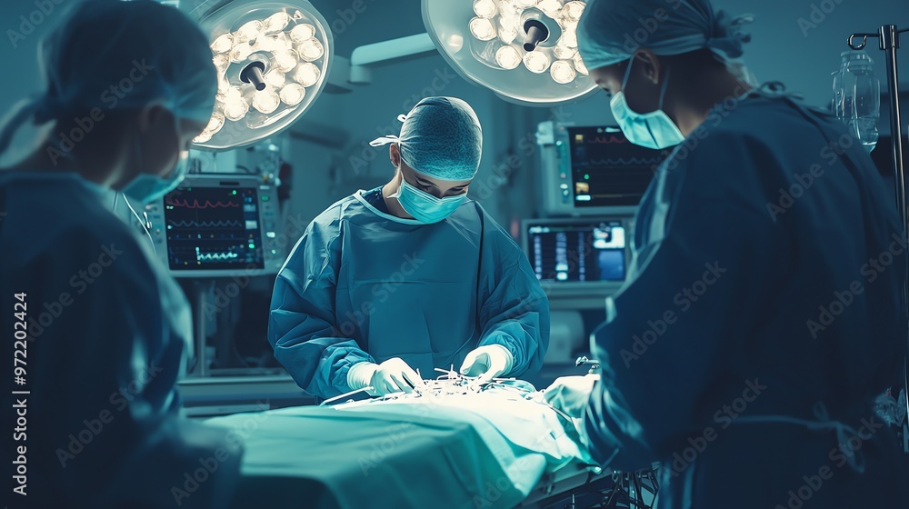 A surgical team in an operating room performing a procedure. A surgical team in an operating room performing a procedure.