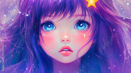 Anime girl with purple hair and blue eyes.