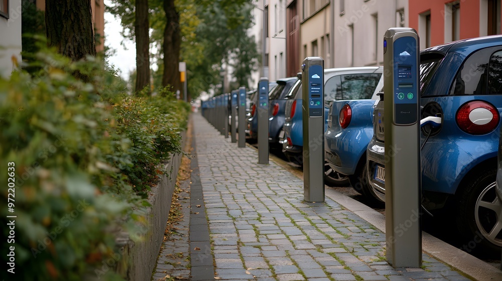 Electric vehicles charging at a public charging station in a modern urban setting Electric vehicles charging at a public charging station in a modern urban setting