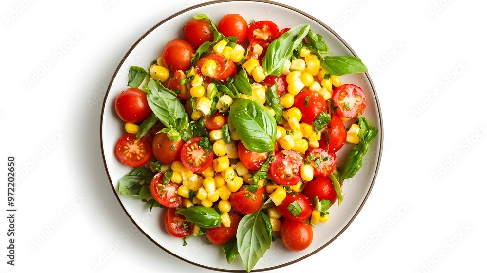 Fresh tomato, corn, and basil salad on a white plate – a vibrant summer dish Fresh tomato, corn, and basil salad on a white plate – a vibrant summer dish