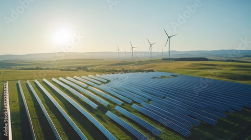 Solar panels in a large field, with wind turbines in the background