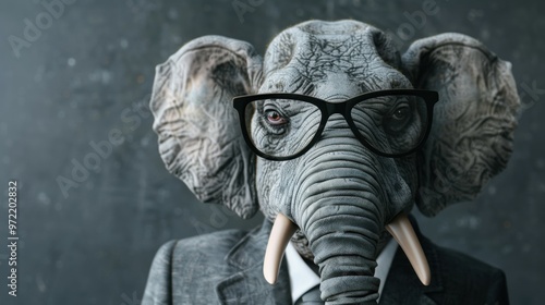 Elephant Business Portrait in Formal Office Suit with Glasses and Tie Representing CEO Manager Conceptual Corporate Leader