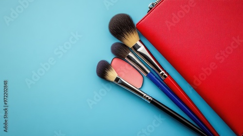 Makeup brushes and blush on a blue background. A picture perfect for a beauty blog or online store advertisement. photo