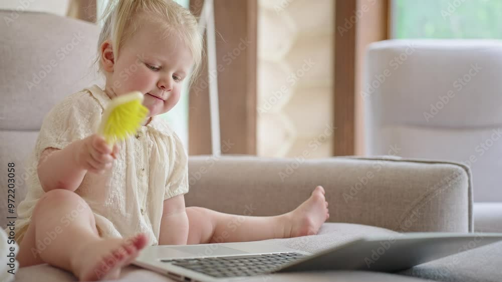Toddler Plays With Brush on Laptop in Living Room Toddler Plays With Brush on Laptop in Living Room