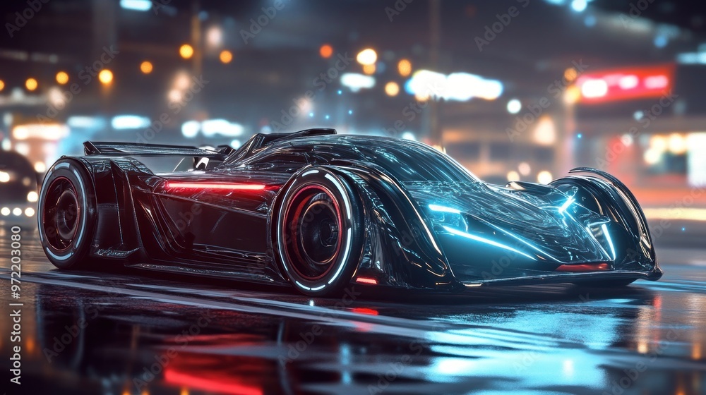 A futuristic black racing car with neon lights on a wet city street at night. A futuristic black racing car with neon lights on a wet city street at night.