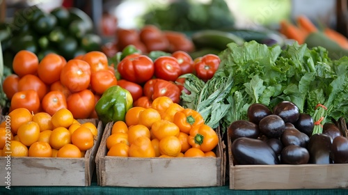 Fototapeta Naklejka Na Ścianę i Meble -  Organic fruits and vegetables arranged neatly at a local farmers market