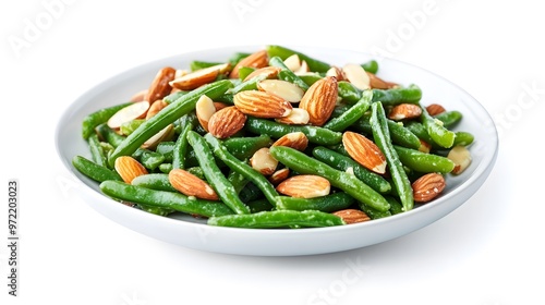 Fresh green bean salad with almonds and garlic on a white plate