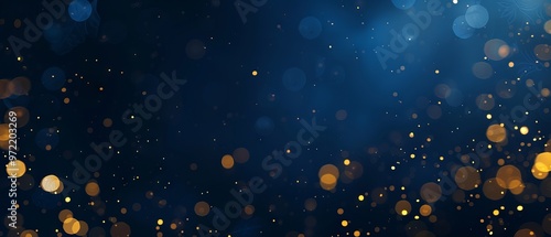 Elegant dark blue background with shimmering golden particles and bokeh light effects, featuring festive Christmas golden light and delicate gold foil texture for a luxurious, celebratory atmosphere