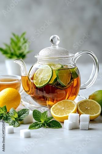 Glass teapot with lemon and lime tea, sugar cubes, mint, and lemons on a marble surface.