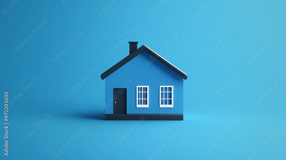 A simple, blue house model sits against a blue background. A simple, blue house model sits against a blue background.
