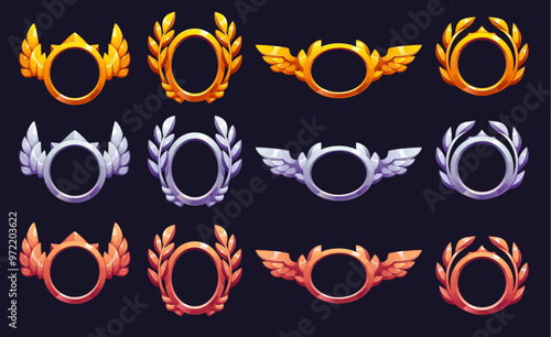 Game rank frame, heraldic avatar badge. Vector bronze, silver and gold borders with laurel leaves and wings. Cartoon gui elements for app, medieval rpg or arcade game menu and player ranking systems