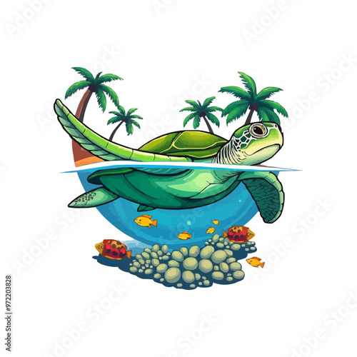 turtle with beach background vector illustration. sea world vector logo illustration. cute cartoon sea turtle.