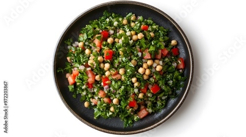 Fresh mediterranean tabbouleh salad with chickpeas and vegetables on dark plate photo