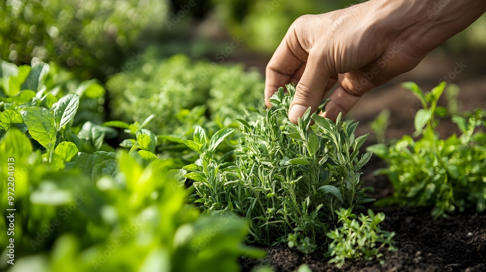 A close-up of organic herbs being harvested by hand A close-up of organic herbs being harvested by hand