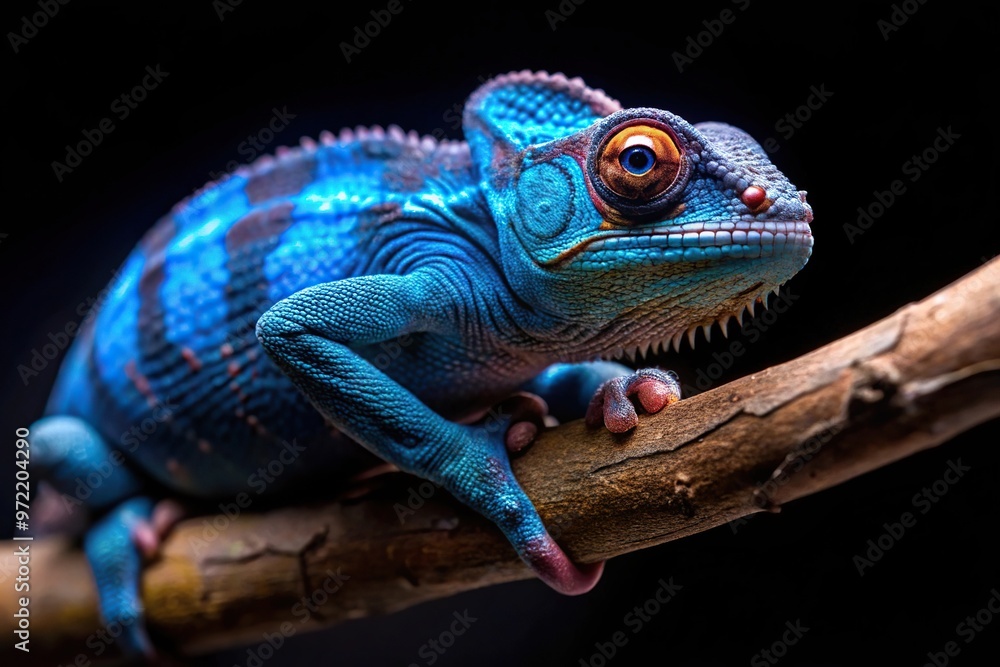 Fototapeta premium blue chameleon on a branch isolated on black background with shallow depth of field