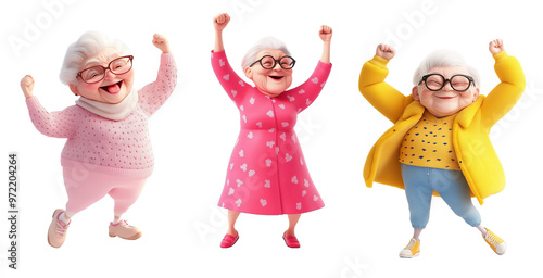 set of 3 cartoon3d  elderly woman celebrating with joy and excitement. The cartoon-style image depicts her dancing and enjoying a successful moment, 