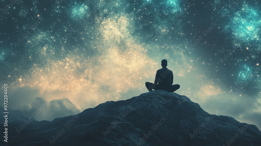 A solitary figure meditates under a starry sky, capturing a moment of peace and connection with the universe. A solitary figure meditates under a starry sky, capturing a moment of peace and connection with the universe.