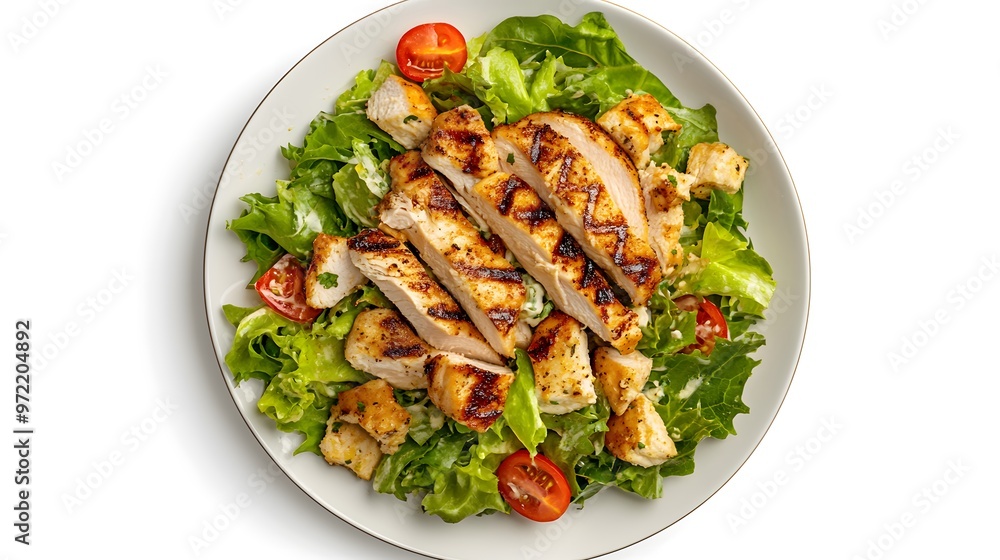 Grilled chicken salad with cherry tomatoes and greens on a white plate Grilled chicken salad with cherry tomatoes and greens on a white plate