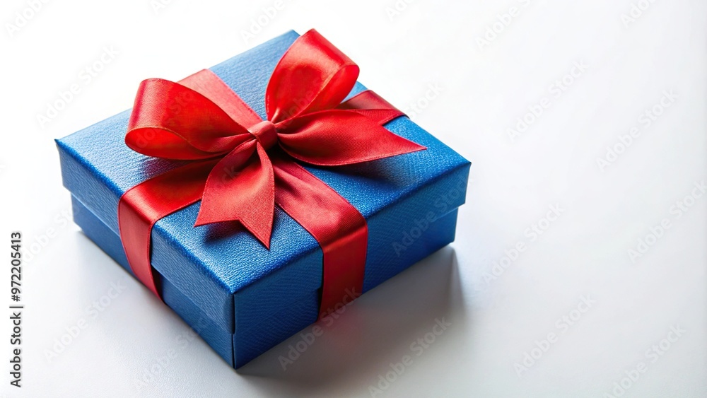 Fototapeta premium Blue gift box with red bow and ribbon isolated on white background