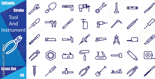 Tool & Instrument thin line icons set. Building Tools editable stroke icon. gear, pictogram, tool, repair, service, wrench, instrument, screwdriver, hammer, equipment and more