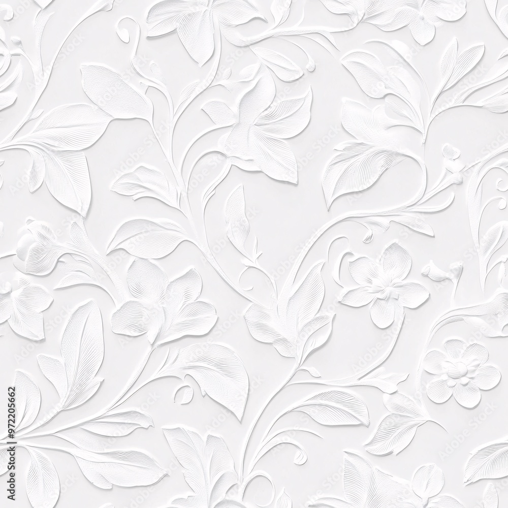 Elegant white embossed floral pattern with intricate leaves and delicate flowers Elegant white embossed floral pattern with intricate leaves and delicate flowers