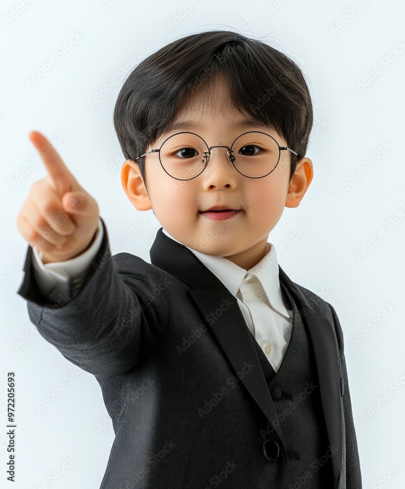 A young boy in a black vest and white shirt is pointing to the camera A young boy in a black vest and white shirt is pointing to the camera