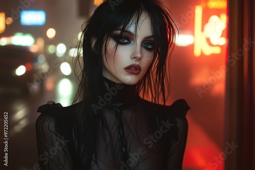 Brunette Goth style inspired woman, city street backlit fashion and make-up portrait shoot. Gothic, Goth, Emo, New Wave, Dark style fashion. Dark smokey make-up, red lipstick. Dramatic. Elegant.