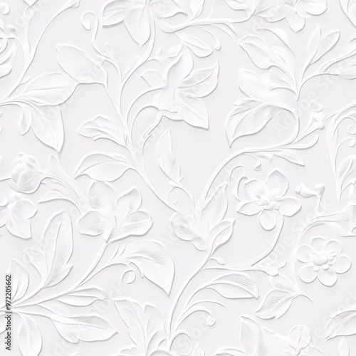 Elegant white embossed floral pattern with intricate leaves and delicate flowers