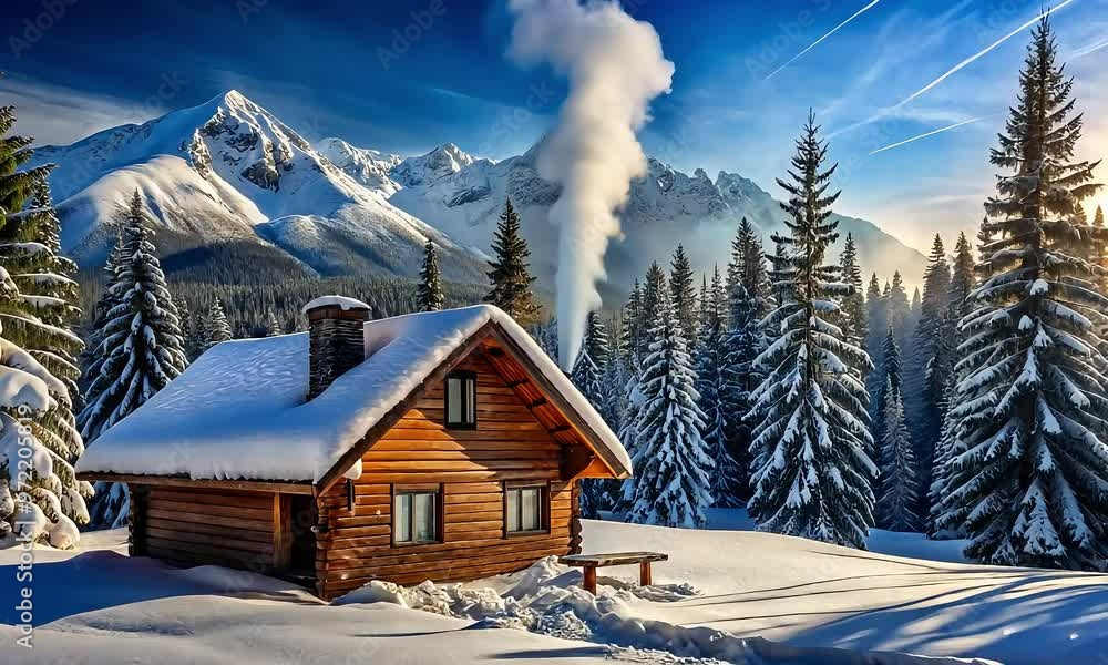 house in the mountains , Cozy Cabin Nestled in Snowy Winter Wonderland, Snowflakes Falling Over Cabin in Winter Forest house in the mountains , Cozy Cabin Nestled in Snowy Winter Wonderland, Snowflakes Falling Over Cabin in Winter Forest