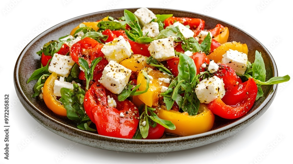 Colorful fresh salad with feta, tomatoes, and peppers on a plate Colorful fresh salad with feta, tomatoes, and peppers on a plate