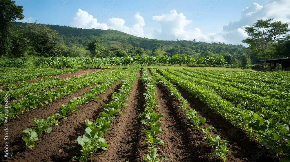 Organic farm with rows of crops being cultivated by sustainable practices Organic farm with rows of crops being cultivated by sustainable practices