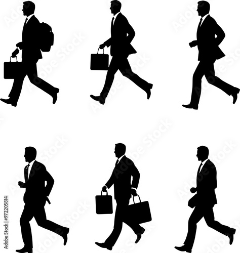 Silhouetted business professionals in suits walking briskly with briefcases and backpacks during a busy day in an urban setting. vector illustration