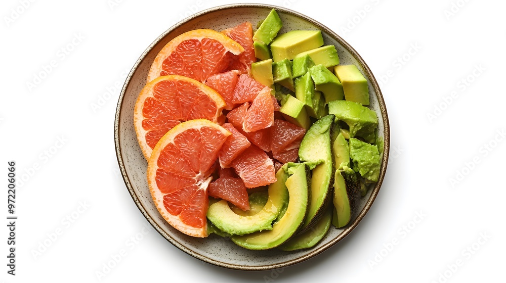 Fresh grapefruit and avocado slices on ceramic plate Fresh grapefruit and avocado slices on ceramic plate