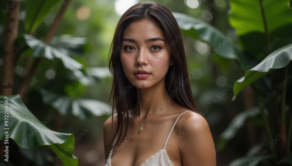 A serene portrait of a young woman surrounded by lush greenery, showcasing natural beauty and tranquility in a tropical setting. A serene portrait of a young woman surrounded by lush greenery, showcasing natural beauty and tranquility in a tropical setting.